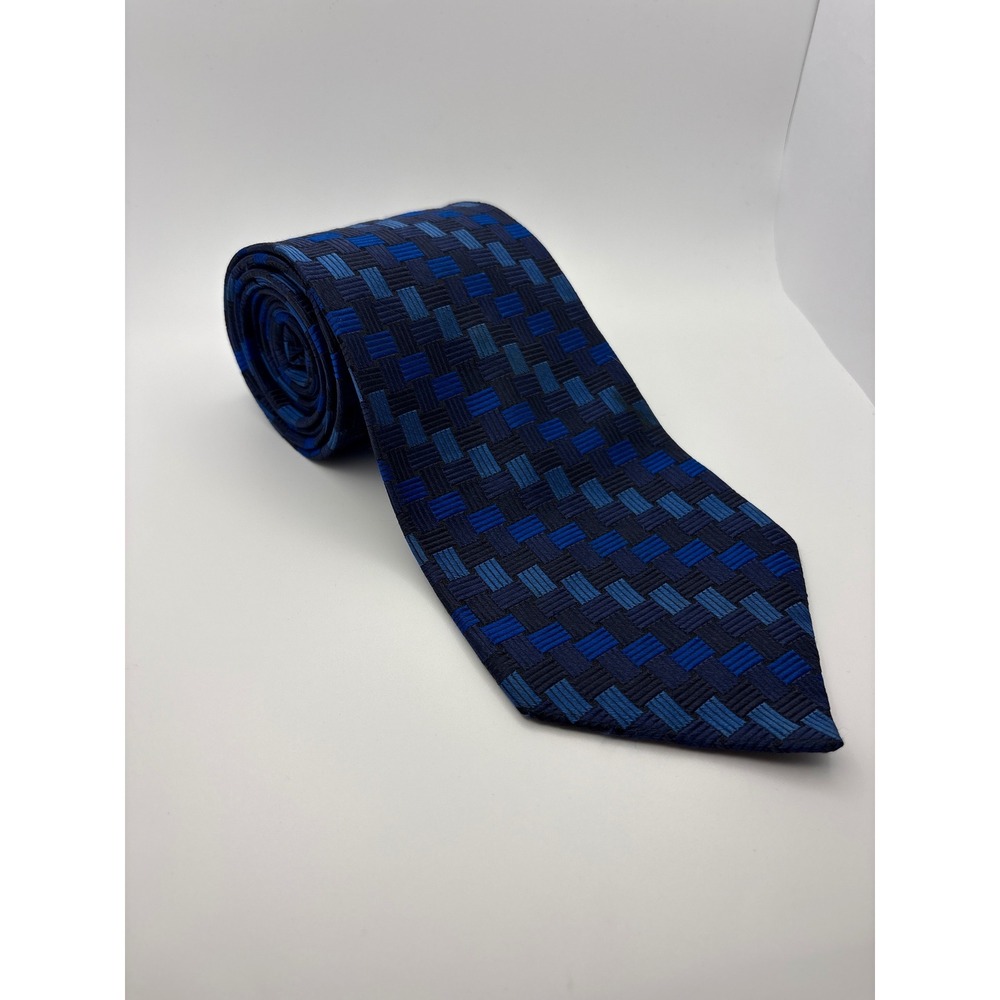 Caumont Italy Mens Silk Tie Blue Geometric Basketweave Pattern Formal Business